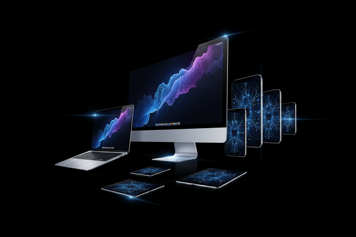 hazme una imagen con tecnologia compus iphone  con fondo negro